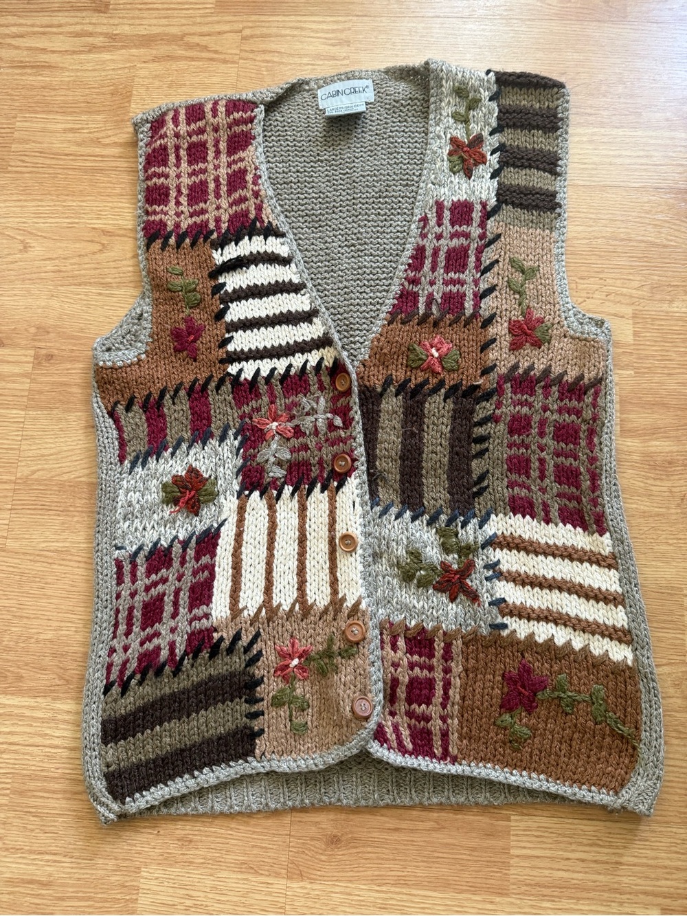 Vintage 90s Cabin Creek Patchwork Embroidered Sweater Vest Large
